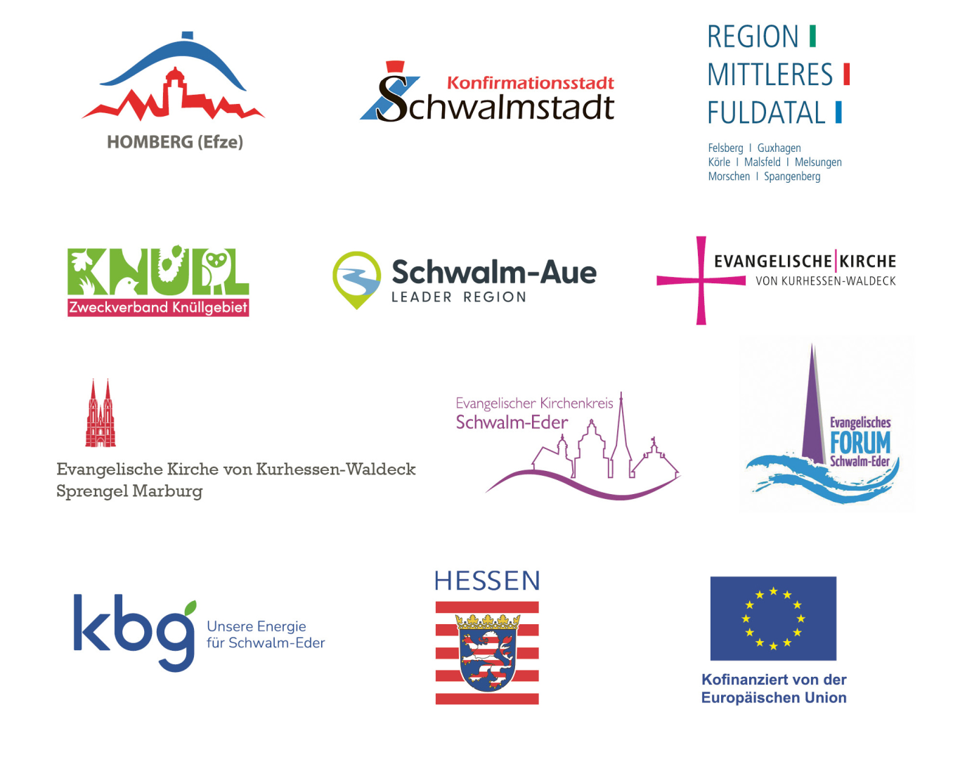 Stadt Homberg (Efze), Konfirmationsstadt Schwalmstadt, Region Mittleres Fuldatal, Knüll Zweckverband, Schwalm-Aue Leader Region, Evangelische Kirche von Kurhessen-Waldeck, Evangelische Kirche von Kurhessen-Waldeck Sprengel Marburg, Evangelischer Kirchenkreis Schwalm-Eder, Evangelisches Forum Schwalm-Eder, kbg Energie für Schwalm-Eder, Land Hessen, Kofinanziert von der Europäischen Union Logos der Partner und Unterstützer